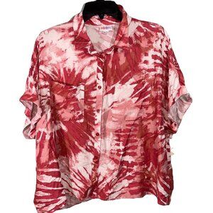 NWT Lularoe Amy Button Up Blouse Red Tye Dye Pattern Comfort Breast Pockets Sz M